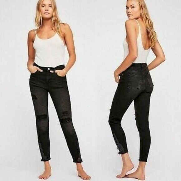 Free People Black Distressed/Ripped/Grunge High Waist Crop Skinny Jeans-26 - Picture 4 of 9